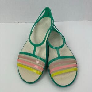 Crocs Wmns Sz 9 Isabella Sandals T-Strap Jelly Flats Open Toe Green Rainbow